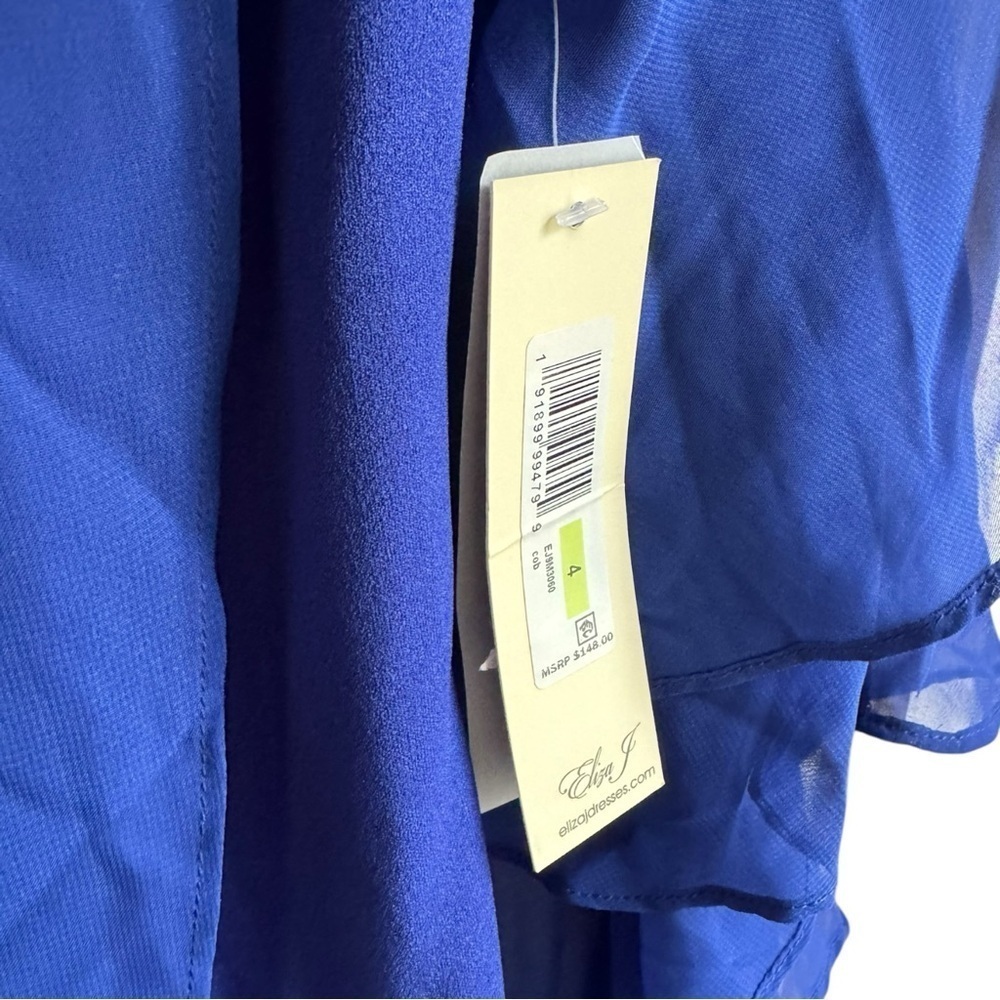 Eliza J Chiffon Cape Draped Sleeveless Blue 4 Sheath‎ Evening Dress - Picture 6 of 10
